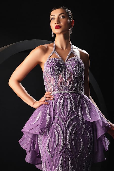 Shop Amit GT Purple Tulle Sequins, Stones, Beads Halter Lilac Hand Embroidered Trail Gown Online at Aza Fashions Shop_Amit GT_Purple Tulle Sequins, Stones, Beads Halter Lilac Hand Embroidered Trail Gown _Online_at_Aza_Fashions