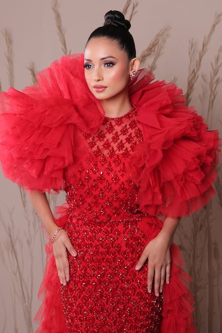 Amit GT Red Hand Embroidered Gown & Cape Set 