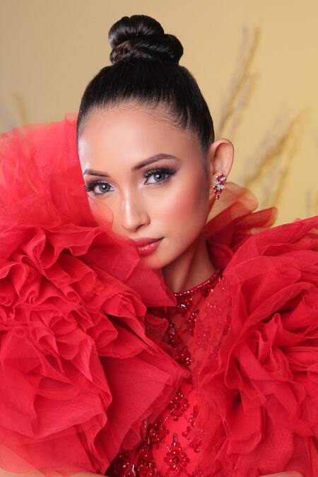 Amit GT_Red Tulle Hand Embroidered Crystal Stones Gown Round Neck And Cape Set _Online_at_Aza_Fashions