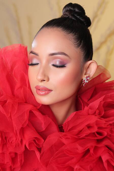 Buy_Amit GT_Red Tulle Hand Embroidered Crystal Stones Gown Round Neck And Cape Set _Online_at_Aza_Fashions