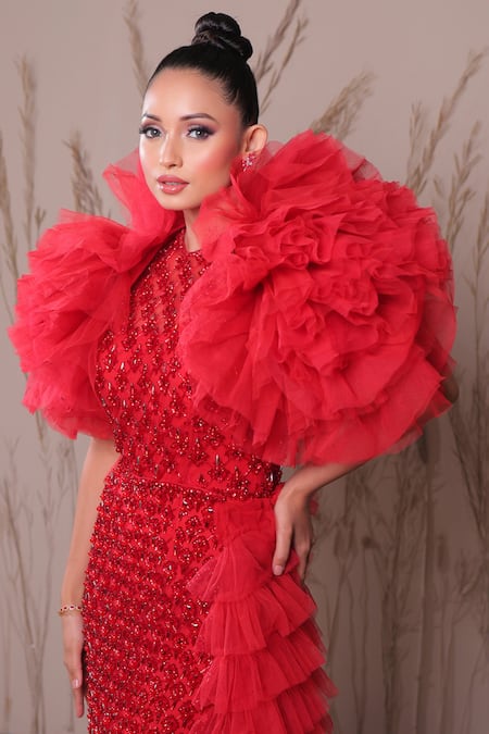 Shop_Amit GT_Red Tulle Hand Embroidered Crystal Stones Gown Round Neck And Cape Set _Online_at_Aza_Fashions