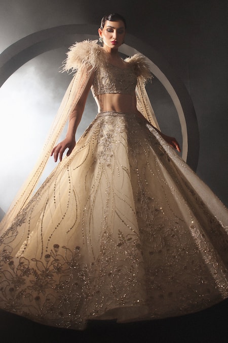 Amit GT Gold Tulle Sequins, Embroidery, Feathers Pema Hand Lehenga And Blouse Set Online at Aza Fashions Amit GT_Gold Tulle Sequins, Embroidery, Feathers Pema Hand Lehenga And Blouse Set _Online_at_Aza_Fashions