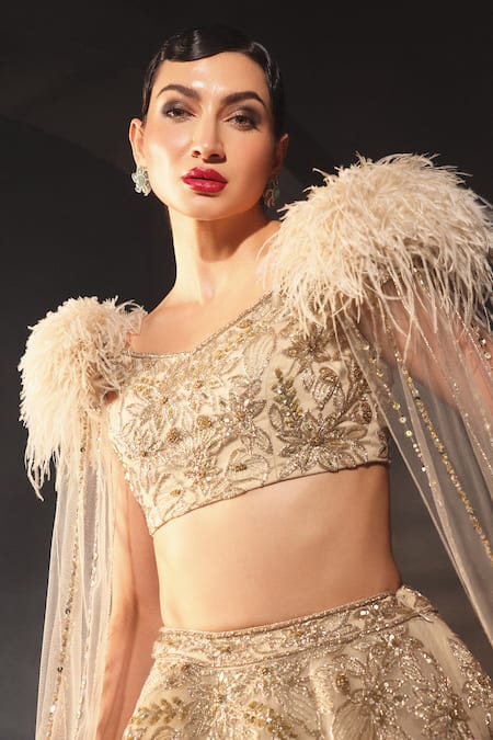 Buy Amit GT Gold Tulle Sequins, Embroidery, Feathers Pema Hand Lehenga And Blouse Set Online at Aza Fashions Buy_Amit GT_Gold Tulle Sequins, Embroidery, Feathers Pema Hand Lehenga And Blouse Set _Online_at_Aza_Fashions