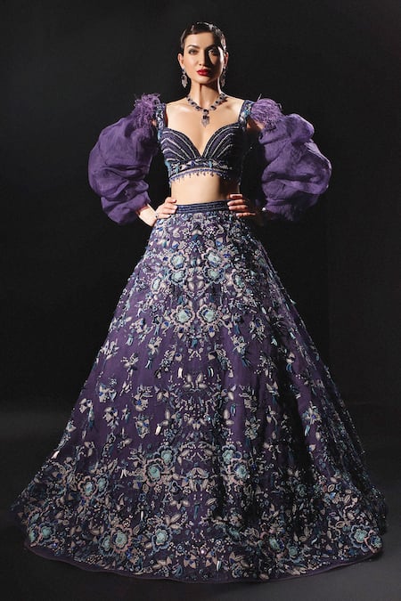 Amit GT Purple Tulle Hand Embroidered Floral Hera Lehenga And Blouse Set 