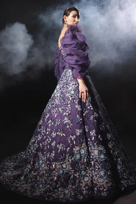 Amit GT_Purple Tulle Hand Embroidered Floral Hera Lehenga And Blouse Set  _Online_at_Aza_Fashions