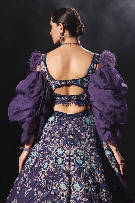 Buy_Amit GT_Purple Tulle Hand Embroidered Floral Hera Lehenga And Blouse Set  _Online_at_Aza_Fashions