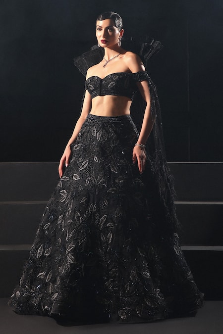Amit GT Black Tulle Hand Embroidered Leaf Luna Lehenga With Structured Blouse 
