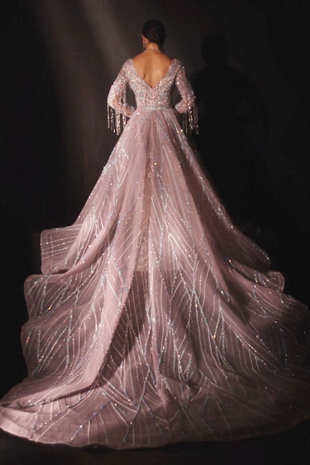 Amit GT Pink Embellished Gown With Trail 