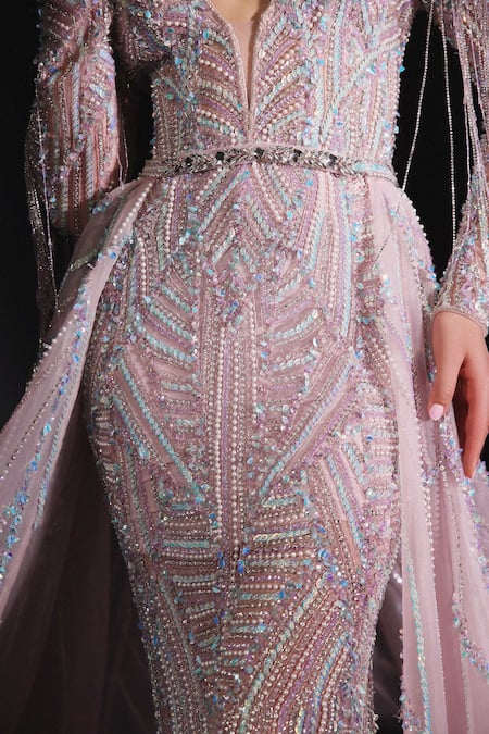 Amit GT_Pink Tulle Embellished Plunge Gown With Trail _Online_at_Aza_Fashions