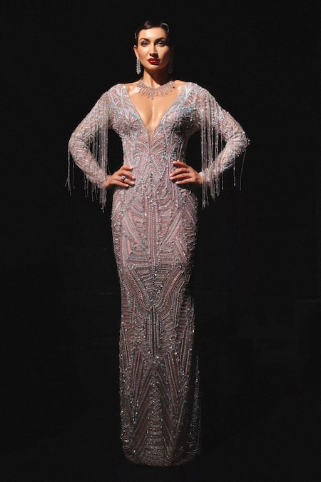 Shop_Amit GT_Pink Tulle Embellished Plunge Gown With Trail _Online_at_Aza_Fashions