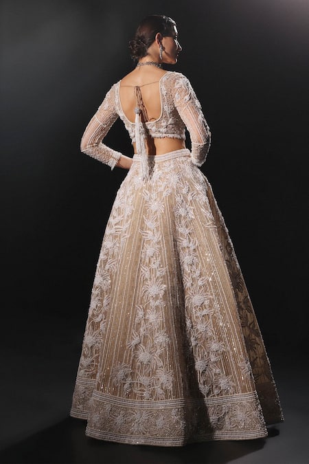 Amit GT_Beige Tulle Hand Embroidered Pearl Work Margaret Bridal Lehenga Set  _Online_at_Aza_Fashions