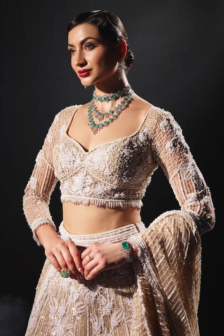 Buy_Amit GT_Beige Tulle Hand Embroidered Pearl Work Margaret Bridal Lehenga Set  _Online_at_Aza_Fashions