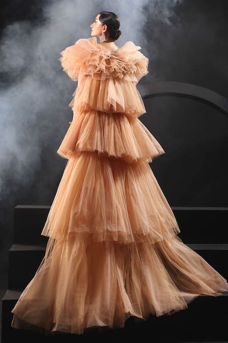 Amit GT Gold Hand Embroidered Dress & Ruffled Cape 