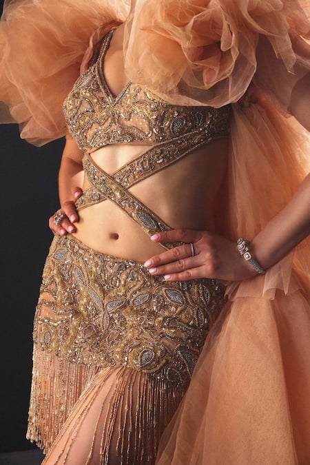 Amit GT_Gold Tulle Hand Embroidered Floral Plunge Dress And Ruffled Cape _Online_at_Aza_Fashions
