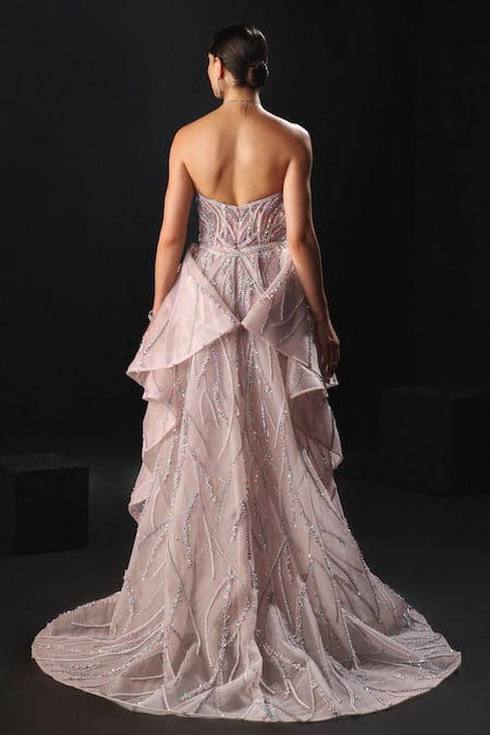 Amit GT Pink Hand Embroidered Bodycon Gown With Trail 