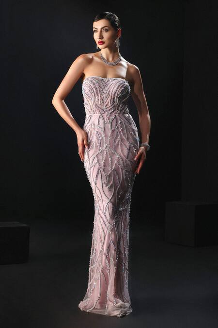 Buy_Amit GT_Pink Tulle Hand Embroidered Linear Pattern Straight Bodycon Gown With Trail _Online_at_Aza_Fashions