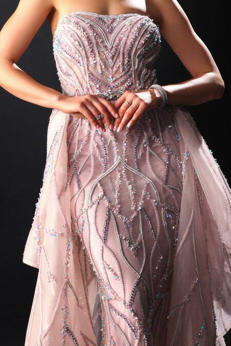 Shop_Amit GT_Pink Tulle Hand Embroidered Linear Pattern Straight Bodycon Gown With Trail _Online_at_Aza_Fashions