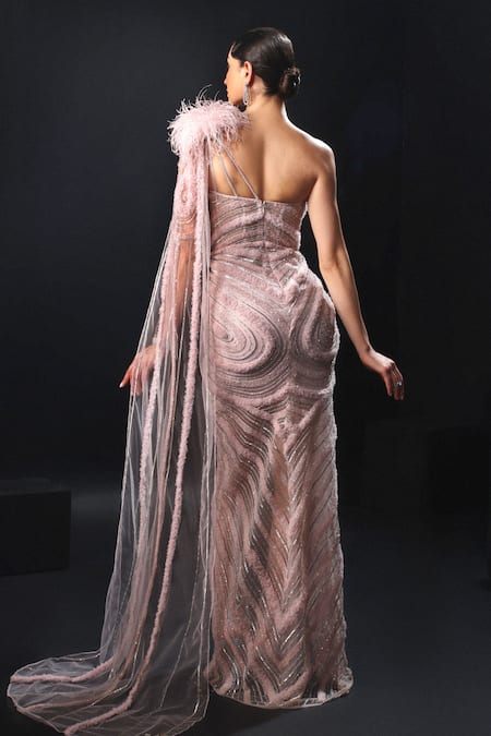 Amit GT Pink Hand Embroidered One Shoulder Gown 