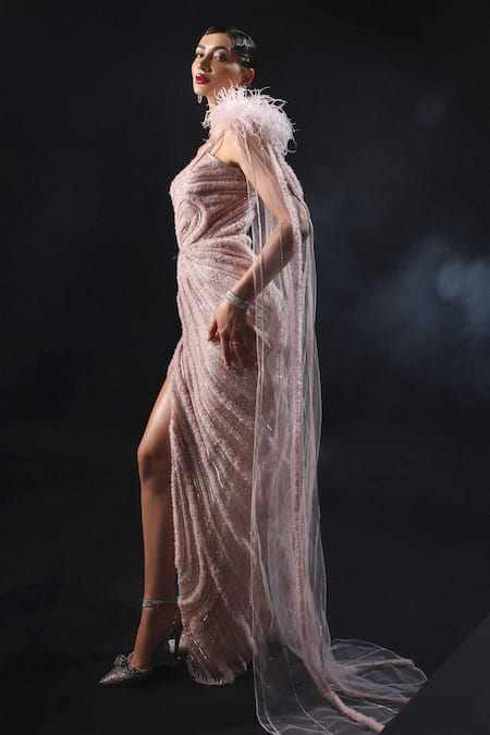 Amit GT_Pink Tulle Hand Embroidered Linear Pattern One Shoulder Gown _Online_at_Aza_Fashions