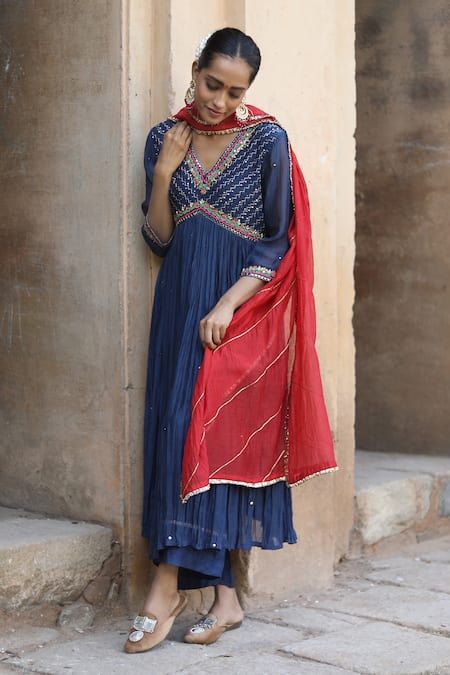 Label Kinjal Modi_Blue Chanderi, Silk Sequins, Mirrors, Embroidery V-neck Yoke Anarkali Pant Set _Online_at_Aza_Fashions