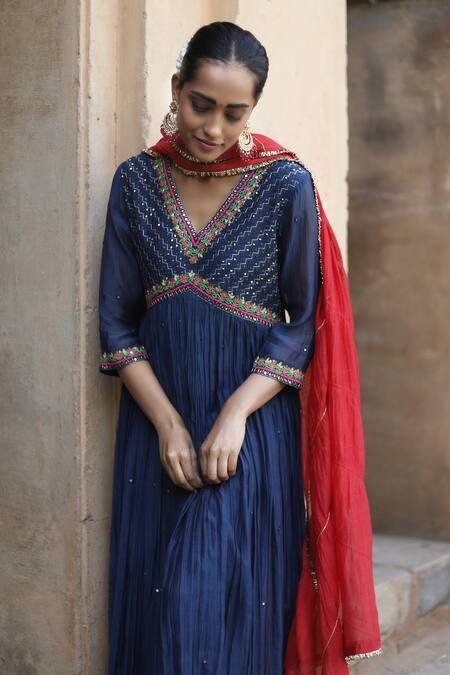 Buy_Label Kinjal Modi_Blue Chanderi, Silk Sequins, Mirrors, Embroidery V-neck Yoke Anarkali Pant Set _Online_at_Aza_Fashions
