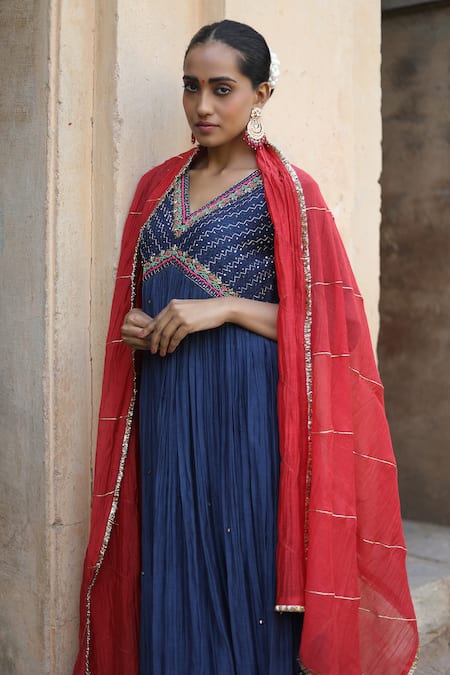 Shop_Label Kinjal Modi_Blue Chanderi, Silk Sequins, Mirrors, Embroidery V-neck Yoke Anarkali Pant Set _Online_at_Aza_Fashions