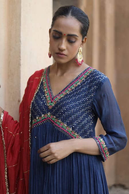 Label Kinjal Modi_Blue Chanderi, Silk Sequins, Mirrors, Embroidery V-neck Yoke Anarkali Pant Set _at_Aza_Fashions