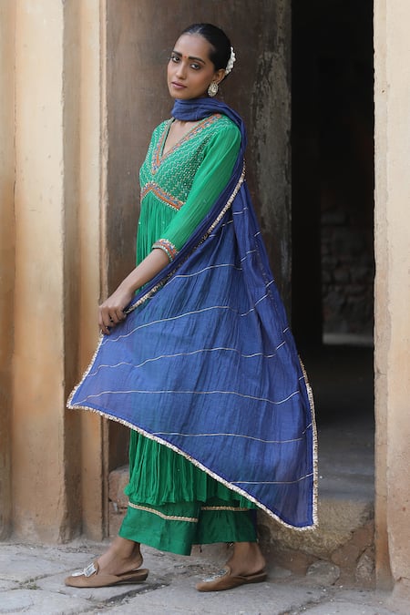 Label Kinjal Modi_Green Chanderi, Silk Sequins, Mirrors, Embroidery Empire Yoke Anarkali Pant Set _Online_at_Aza_Fashions
