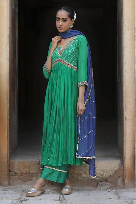 Buy_Label Kinjal Modi_Green Chanderi, Silk Sequins, Mirrors, Embroidery Empire Yoke Anarkali Pant Set _Online_at_Aza_Fashions