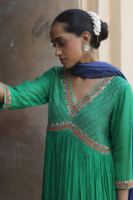 Shop_Label Kinjal Modi_Green Chanderi, Silk Sequins, Mirrors, Embroidery Empire Yoke Anarkali Pant Set _Online_at_Aza_Fashions