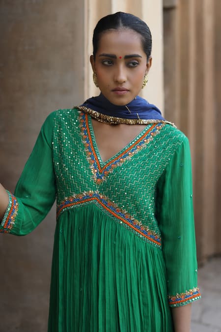 Label Kinjal Modi_Green Chanderi, Silk Sequins, Mirrors, Embroidery Empire Yoke Anarkali Pant Set _at_Aza_Fashions