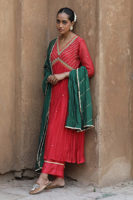 Label Kinjal Modi_Red Chanderi, Silk Sequins, Mirrors Sleeve Hem Embroidered Anarkali Pant Set _Online_at_Aza_Fashions