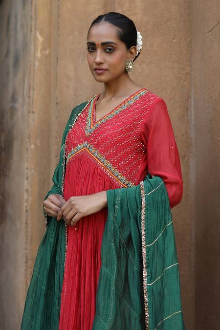 Shop_Label Kinjal Modi_Red Chanderi, Silk Sequins, Mirrors Sleeve Hem Embroidered Anarkali Pant Set _Online_at_Aza_Fashions