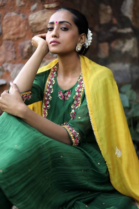 Label Kinjal Modi_Green Chanderi, Silk Mirrors, Sequins, Embroidery Yoke Work Anarkali Pant Set _Online_at_Aza_Fashions