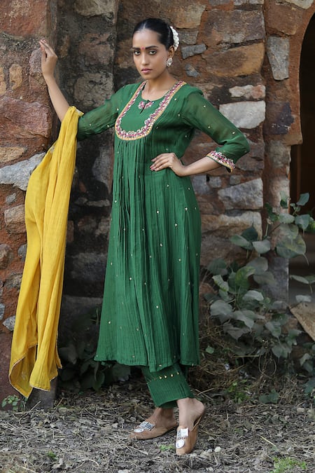Buy_Label Kinjal Modi_Green Chanderi, Silk Mirrors, Sequins, Embroidery Yoke Work Anarkali Pant Set _Online_at_Aza_Fashions