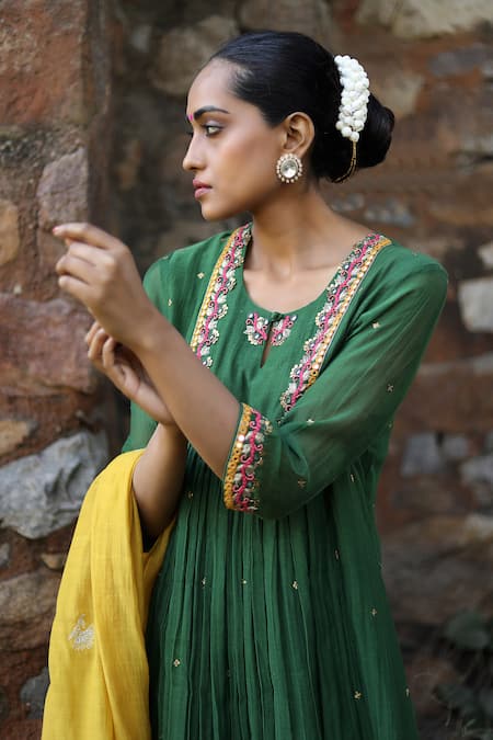 Label Kinjal Modi_Green Chanderi, Silk Mirrors, Sequins, Embroidery Yoke Work Anarkali Pant Set _at_Aza_Fashions