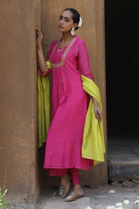 Label Kinjal Modi_Pink Chanderi, Silk Sequins, Mirrors Round Empire Yoke Work Anarkali Pant Set _Online_at_Aza_Fashions