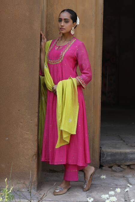 Buy_Label Kinjal Modi_Pink Chanderi, Silk Sequins, Mirrors Round Empire Yoke Work Anarkali Pant Set _Online_at_Aza_Fashions
