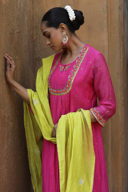 Shop_Label Kinjal Modi_Pink Chanderi, Silk Sequins, Mirrors Round Empire Yoke Work Anarkali Pant Set _Online_at_Aza_Fashions