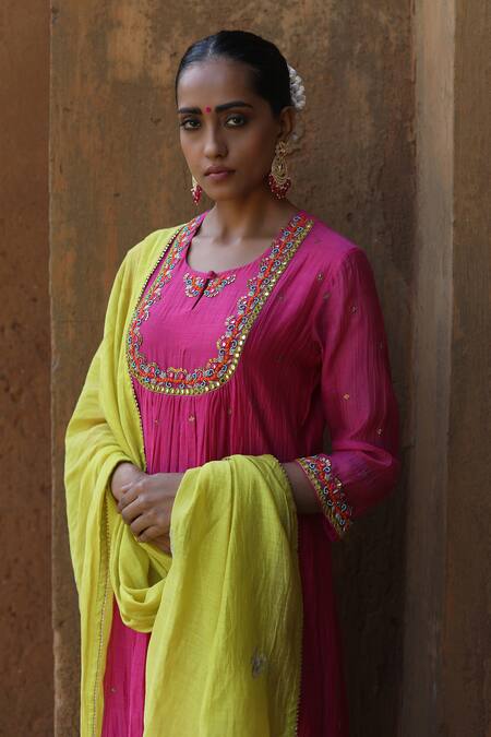 Label Kinjal Modi_Pink Chanderi, Silk Sequins, Mirrors Round Empire Yoke Work Anarkali Pant Set _at_Aza_Fashions