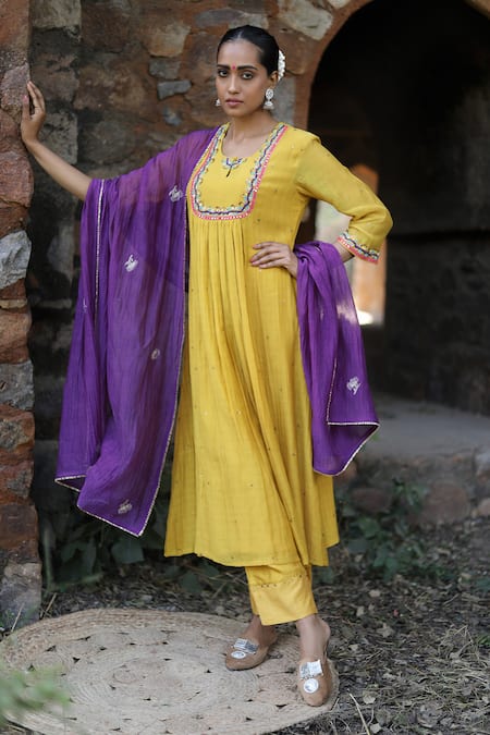 Label Kinjal Modi Yellow Fine Chanderi Embroidered Sleeve Hem Work Anarkali Pant Set  