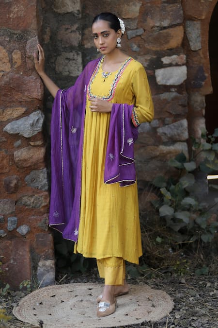 Label Kinjal Modi_Yellow Chanderi, Silk Sequins, Mirrors Round Sleeve Hem Work Anarkali Pant Set _Online_at_Aza_Fashions