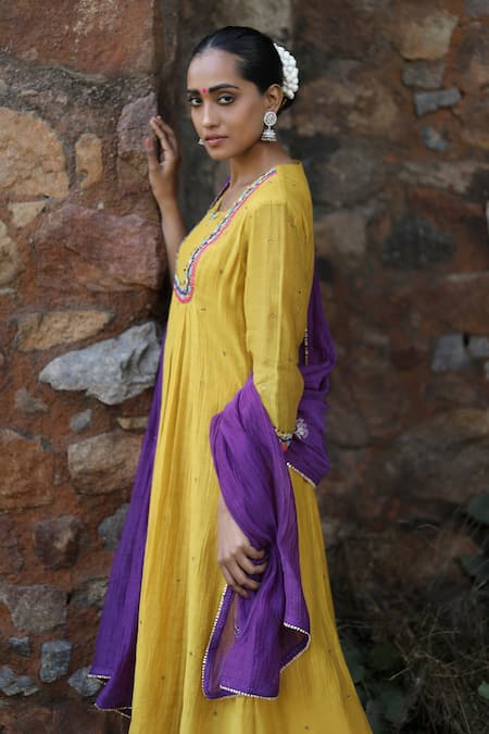 Buy_Label Kinjal Modi_Yellow Chanderi, Silk Sequins, Mirrors Round Sleeve Hem Work Anarkali Pant Set _Online_at_Aza_Fashions