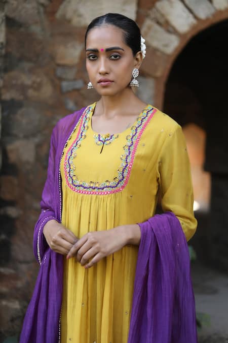 Shop_Label Kinjal Modi_Yellow Chanderi, Silk Sequins, Mirrors Round Sleeve Hem Work Anarkali Pant Set _Online_at_Aza_Fashions