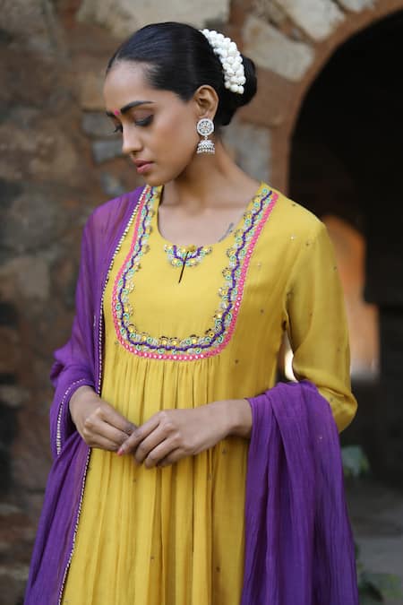 Label Kinjal Modi_Yellow Chanderi, Silk Sequins, Mirrors Round Sleeve Hem Work Anarkali Pant Set _at_Aza_Fashions