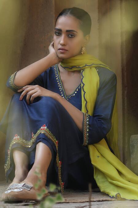 Buy_Label Kinjal Modi_Blue Chanderi, Silk Beads, Embroidery V-neck Anarkali Pant Set _Online_at_Aza_Fashions