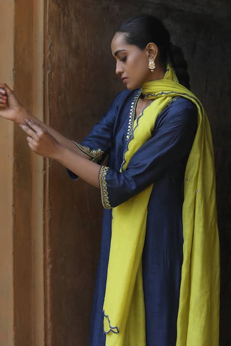 Shop_Label Kinjal Modi_Blue Chanderi, Silk Beads, Embroidery V-neck Anarkali Pant Set _Online_at_Aza_Fashions