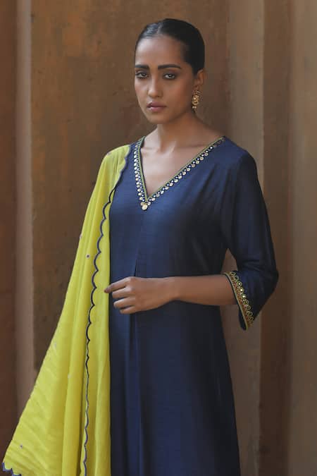 Label Kinjal Modi_Blue Chanderi, Silk Beads, Embroidery V-neck Anarkali Pant Set _at_Aza_Fashions