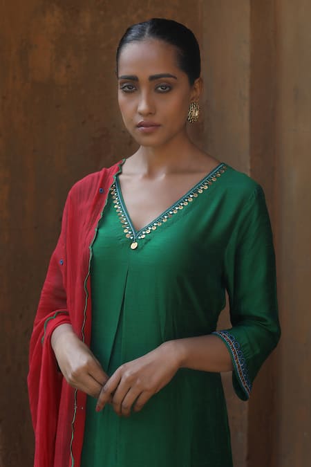 Label Kinjal Modi_Green Chanderi, Silk Beads V-neck Work Anarkali Pant Set _at_Aza_Fashions