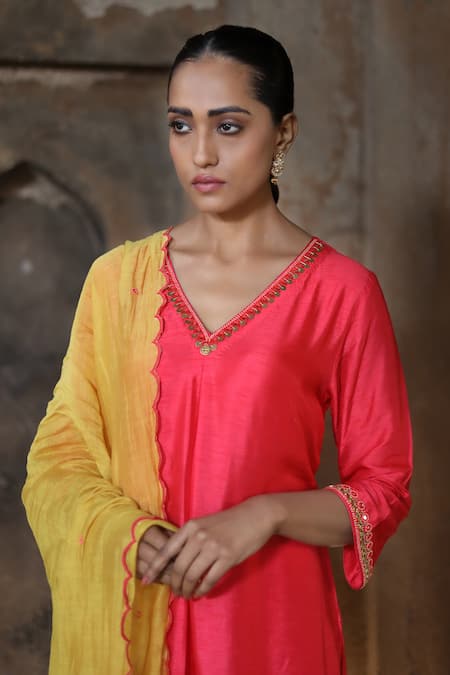 Label Kinjal Modi_Red Chanderi, Silk Beads V-neck V Emroidered Anarkali Pant Set _at_Aza_Fashions